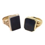 9ct rose gold (tested) agate panel ring, inscribed J G 1940 and a similar 9ct gold bloodstone ring,