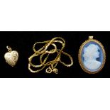 Gold mounted blue agate pendant, on flattened chain necklace and gold heart locket,