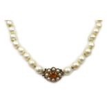 Single strand cultured pearl necklace, with gold citrine and pearl clasp,