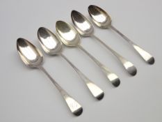 Five George III silver table spoons, various dates and makers including Peter and Ann Bateman,