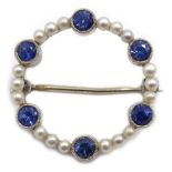 Edwardian white gold pearl and sapphire circular brooch, stamped 9ct,