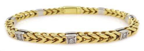 18ct gold wheat chain bracelet set with seven princess cut diamonds,