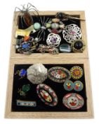 Five micro mosaic brooches and pair of earrings, silver Mackintosh design stone set brooch,