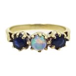9ct gold three stone sapphire and opal ring,