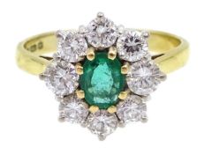 18ct gold emerald and diamond cluster ring,