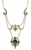 Edwardian gold green/blue tourmaline and seed pearl necklace,