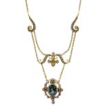 Edwardian gold green/blue tourmaline and seed pearl necklace,