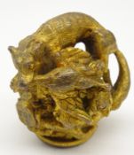 Gilt metal walking cane finial formed as a fox and a duck,