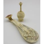 19th Century bone Pounce Pot with pierced cover H8cm and a carved bone miniature lute with engraved