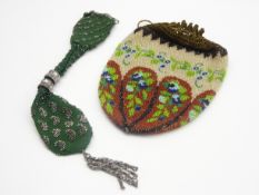 19th Century cut steel and silk miser's purse and a bead work draw string purse Condition