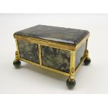 Moss agate rectangular casket with hinged lid and gilt metal mounts on ball feet 8cm x 5cm x 5cm