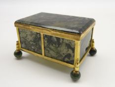 Moss agate rectangular casket with hinged lid and gilt metal mounts on ball feet 8cm x 5cm x 5cm