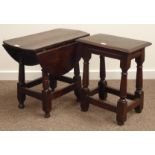 18h century small oak drop leaf occasional table, oval top above turned supports,