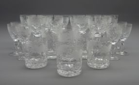 Quantity of Royal Brierley 'Honeysuckle' pattern table glass comprising 12 claret glasses,