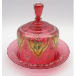 Bohemian ruby glass cheese dome and stand with floral panels and overlaid decoration D25cm