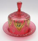 Bohemian ruby glass cheese dome and stand with floral panels and overlaid decoration D25cm