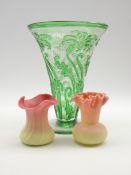 Thomas Webb green overlaid glass vase with stylised floral design H23cm and two Thomas Webb Queen's