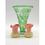 Thomas Webb green overlaid glass vase with stylised floral design H23cm and two Thomas Webb Queen's