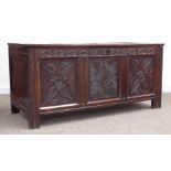 18th century paneled oak coffer blanket chest, front carved with stylised flowers,