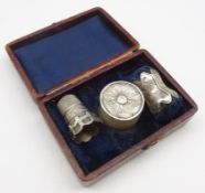 Cased sewing trio comprising thimble, waxer and girdle pin cushion,