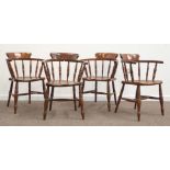 Set four 20th century elm and beech smokers bow armchairs, tub shaped spindle backs,