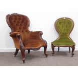 Victorian walnut framed armchair, scroll carved arm terminals on cabriole supports,