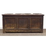 Early 19th century and later four panel oak coffer, hinged lid with two brass straps,