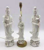 Pair of 20th Century Blanc de Chine figures of Kuan Yin H40cm and a matching table lamp H45cm
