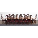 Quality Queen Anne style burr walnut triple pedestal extending dining table,