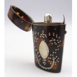 Tortoiseshell case with silver pique decoration containing a glass scent flask L7cm