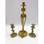 Tall Adam design brass candlestick with classical decoration H46cm ansd a pair of cast ormolu