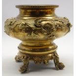 Japanese bronze Koro with a raised pattern of birds and foliage and on animal head supports H22cm