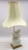 Blanc de chine table lamp in the form of a Chinese guardian lion with pagoda shape shade H80cm