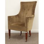 Large Edwardian mahogany framed drawing room armchair, upholstered in green buttoned fabric,