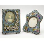 Small Italian micro mosaic table photograph frame with oval aperture and applied floral decoration