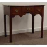 18th century oak lowboy side table, rectangular moulded top above 3 frieze drawers, shaped apron,