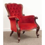 Victorian mahogany framed armchair, scroll carved arm supports on cabriole legs,