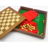 Jaques, London wooden chess board with lined box base 37cm and a stained chess set.