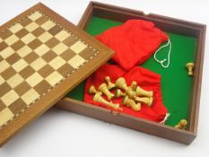 Jaques, London wooden chess board with lined box base 37cm and a stained chess set.