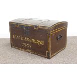 19th century painted pine sea chest, hinged plank top illustrated with a ship, captioned 'H.M.S.