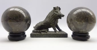 Serpentine model of Il Porcellini or The Florentine Boar W16cm and 2 coloured marble balls on