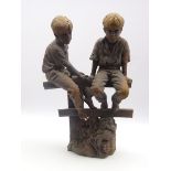 Walter Awlson (Scottish b1949) Clay sculpture of two boys sitting on a stile No.