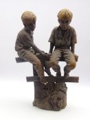 Walter Awlson (Scottish b1949) Clay sculpture of two boys sitting on a stile No.