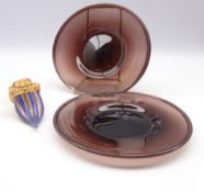 Pair of 19th Century spun Amethyst glass shallow dishes D20cm and a Venetian coloured glass slipper