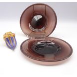 Pair of 19th Century spun Amethyst glass shallow dishes D20cm and a Venetian coloured glass slipper