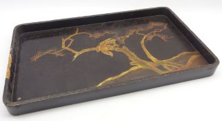 19th Century lacquered rectangular tray decorated in gilt with a Japanese landscape 66cm x 38cm