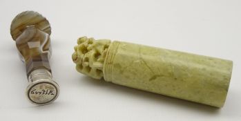 Oriental green hardstone cylindrical desk seal with carved and pierced finial, inscribed 'Mary' H6.