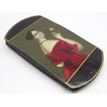 Victorian Stobwasser papier mache Spectacle case painted with a portrait of a lady with a landscape