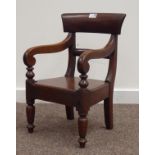 Early Victorian mahogany child's chair, scrolled arms, panel seat, turned front supports,