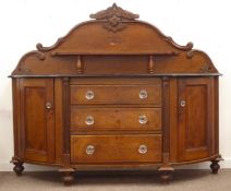 Victorian stained pine break bow front chiffonier, scrolled acanthus carved top rail,